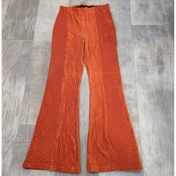 Free People L Orange Velvet Ribbed Flare Pull On Pants Boho 70s Festival Retro - Picture 2 of 8